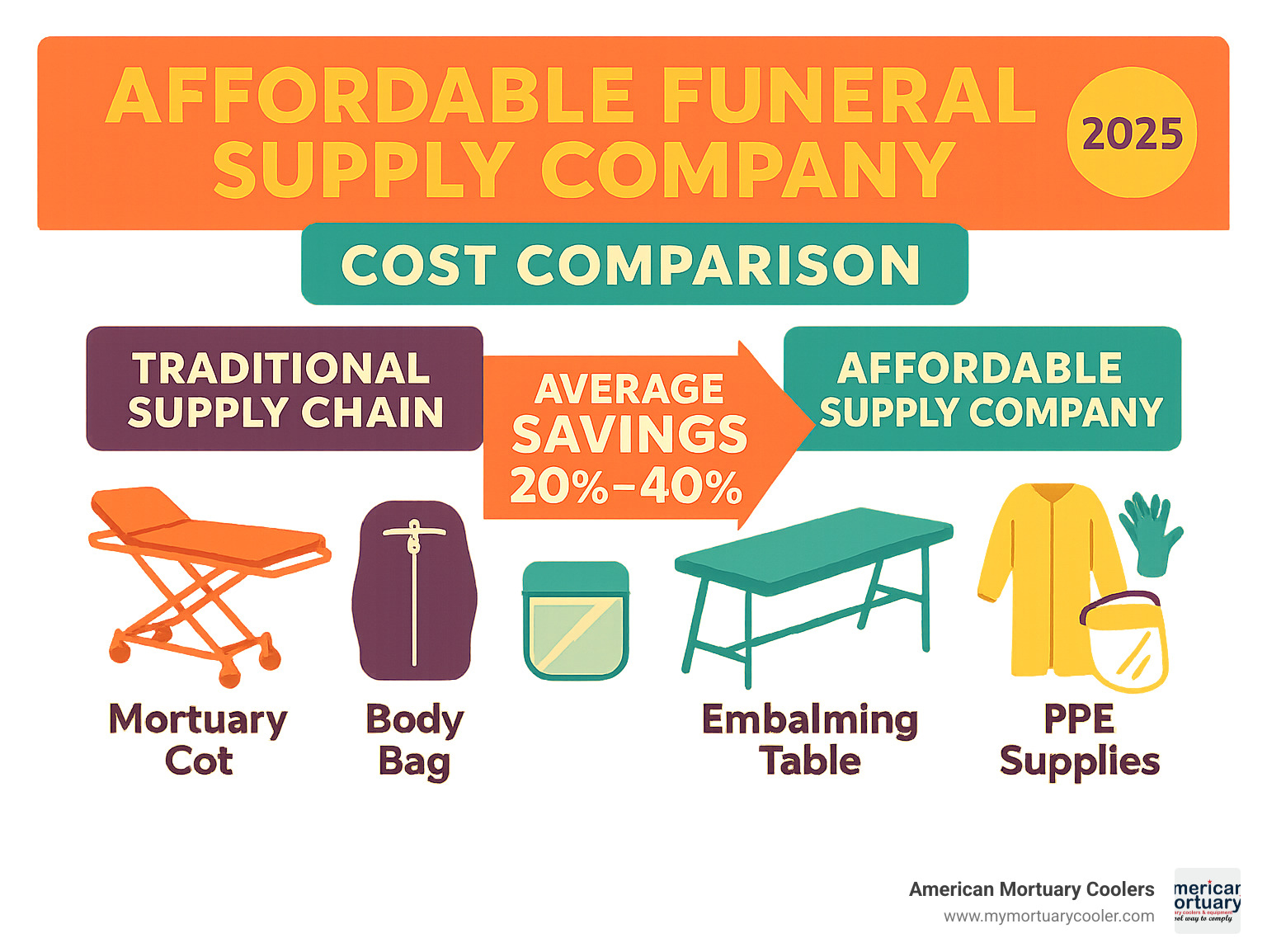 Infographic showing cost comparison between traditional funeral supply chains versus affordable supply companies, highlighting average savings of 20-40% on common items like mortuary cots, body bags, embalming tables, and PPE supplies - affordable-funeral-supply.company infographic 