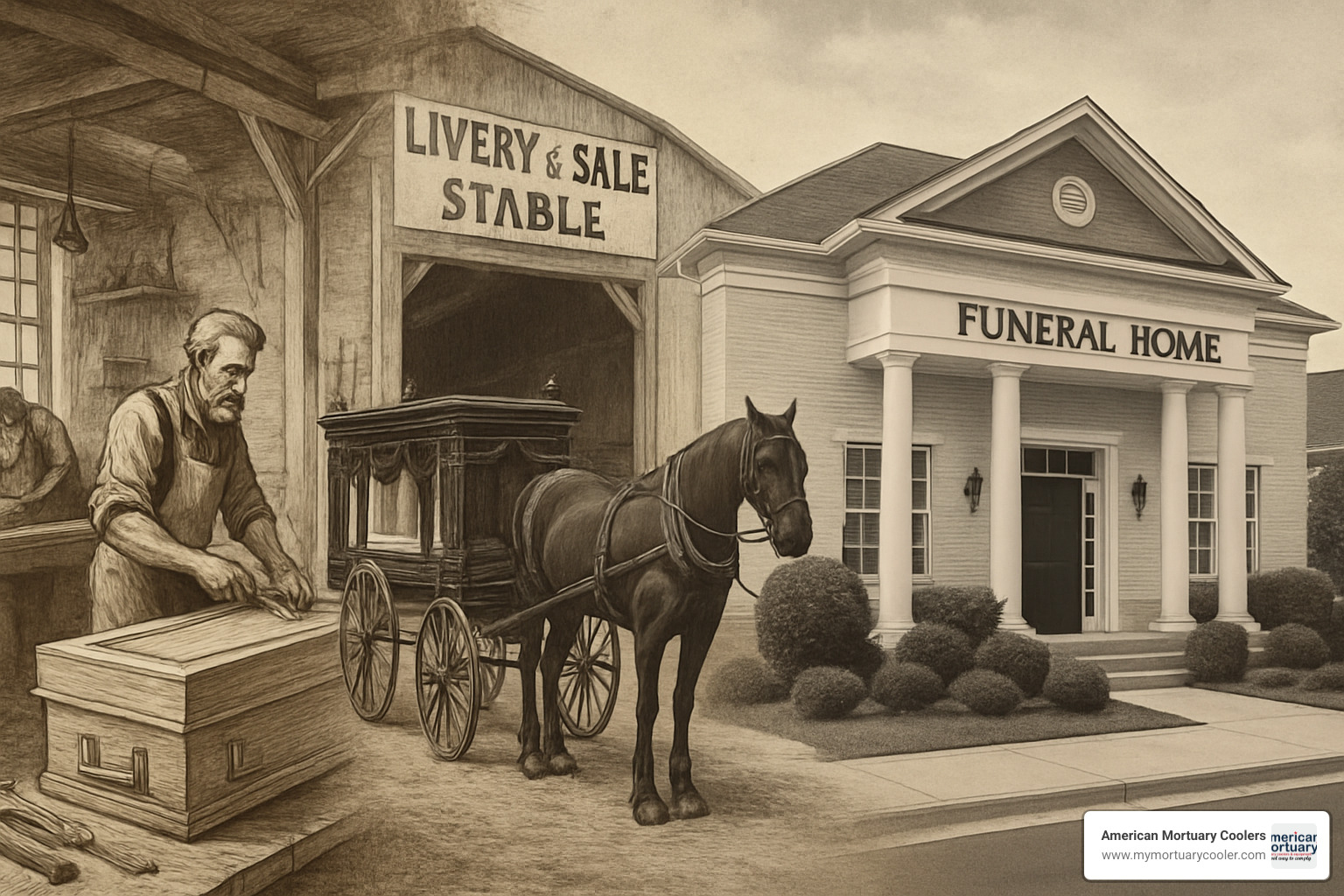 Historical evolution of funeral service from cabinet makers and livery stables to modern funeral homes - is an undertaker and mortician the same thing