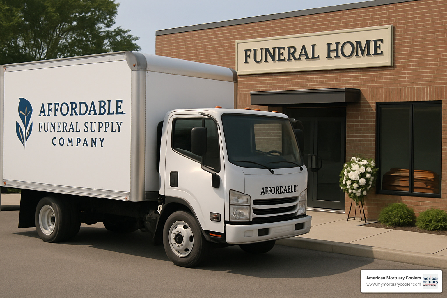 delivery truck with funeral supply company branding - affordable-funeral-supply.company-