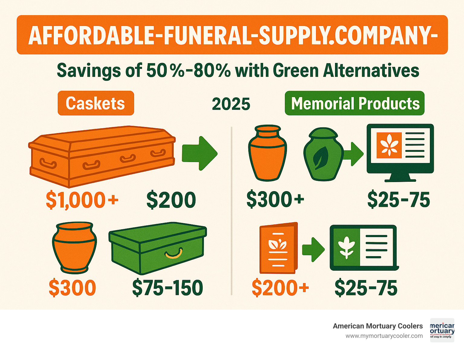 Infographic comparing costs of traditional vs. eco-friendly funeral supplies across major categories (caskets, urns, memorial products) showing 50-80% savings potential with green alternatives - affordable-funeral-supply.company- infographic 