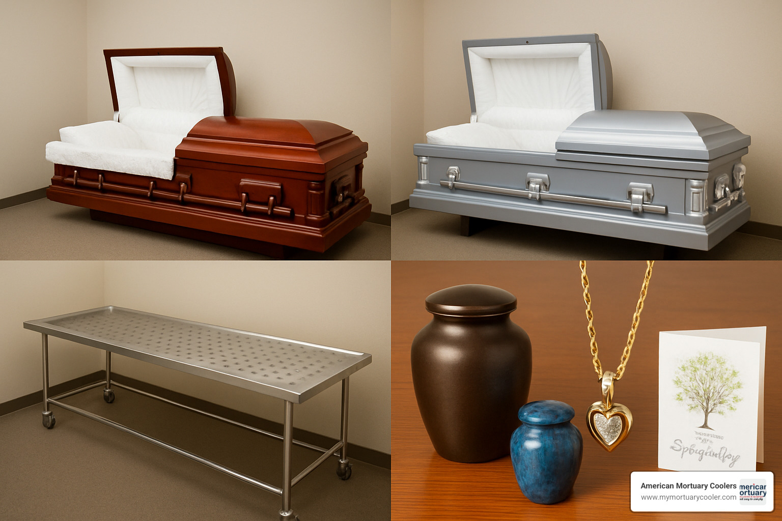 collage of essential funeral supplies including caskets, urns, embalming tables, and memorial items - affordable-funeral-supply.company-