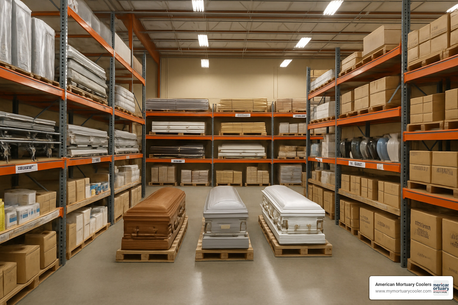 funeral supply warehouse with organized inventory - affordable-funeral-supply.company-