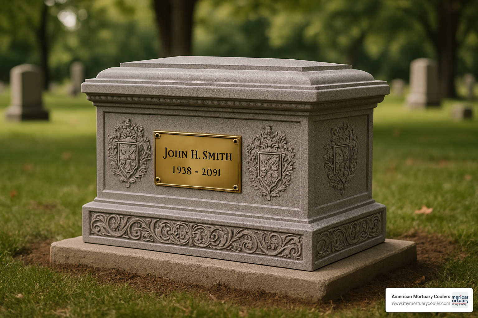 Beautifully engraved urn vault with personalized nameplate and decorative elements - urn vault for ground burial