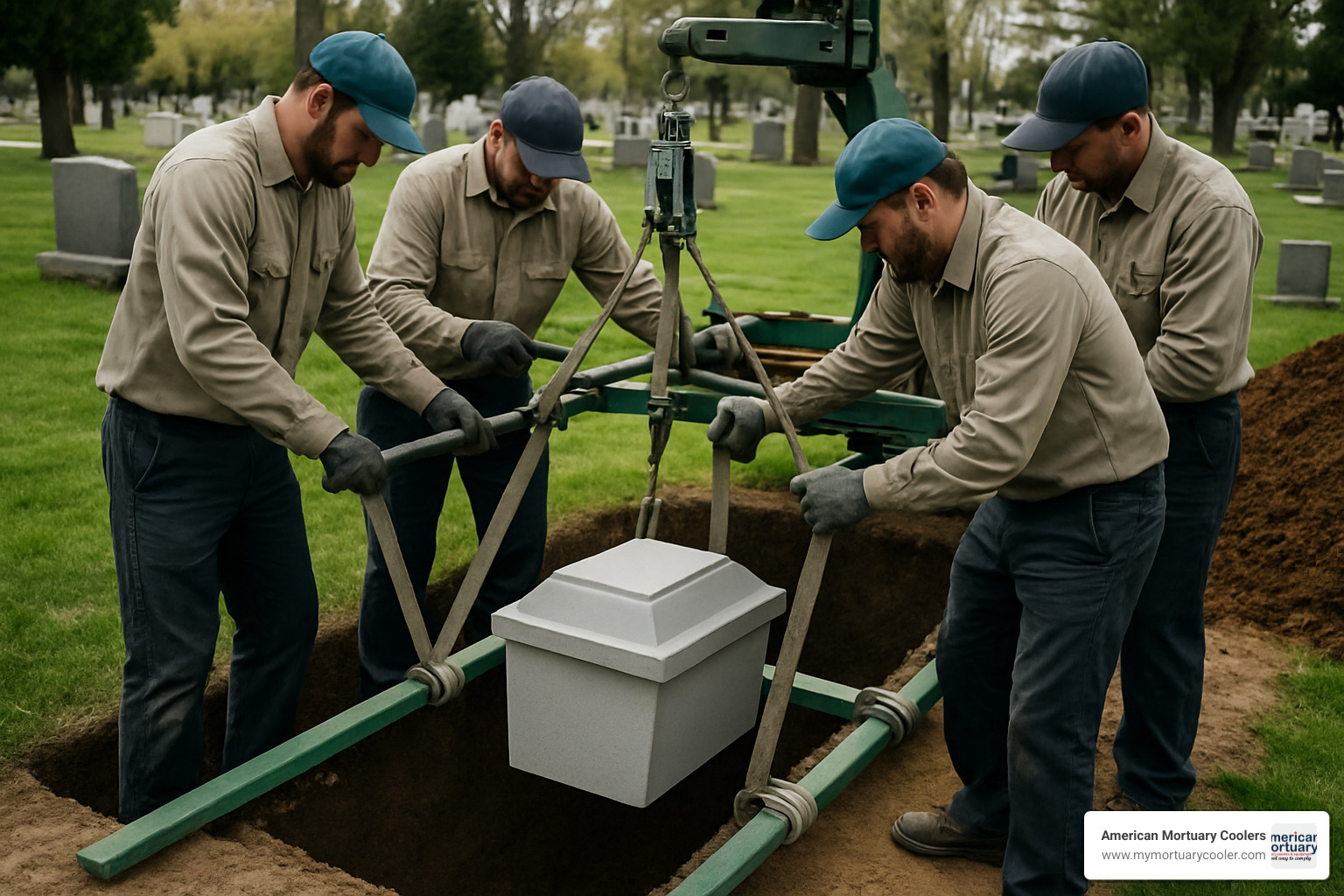Professional installation of urn vault showing proper lowering technique and cemetery equipment - urn vault for ground burial