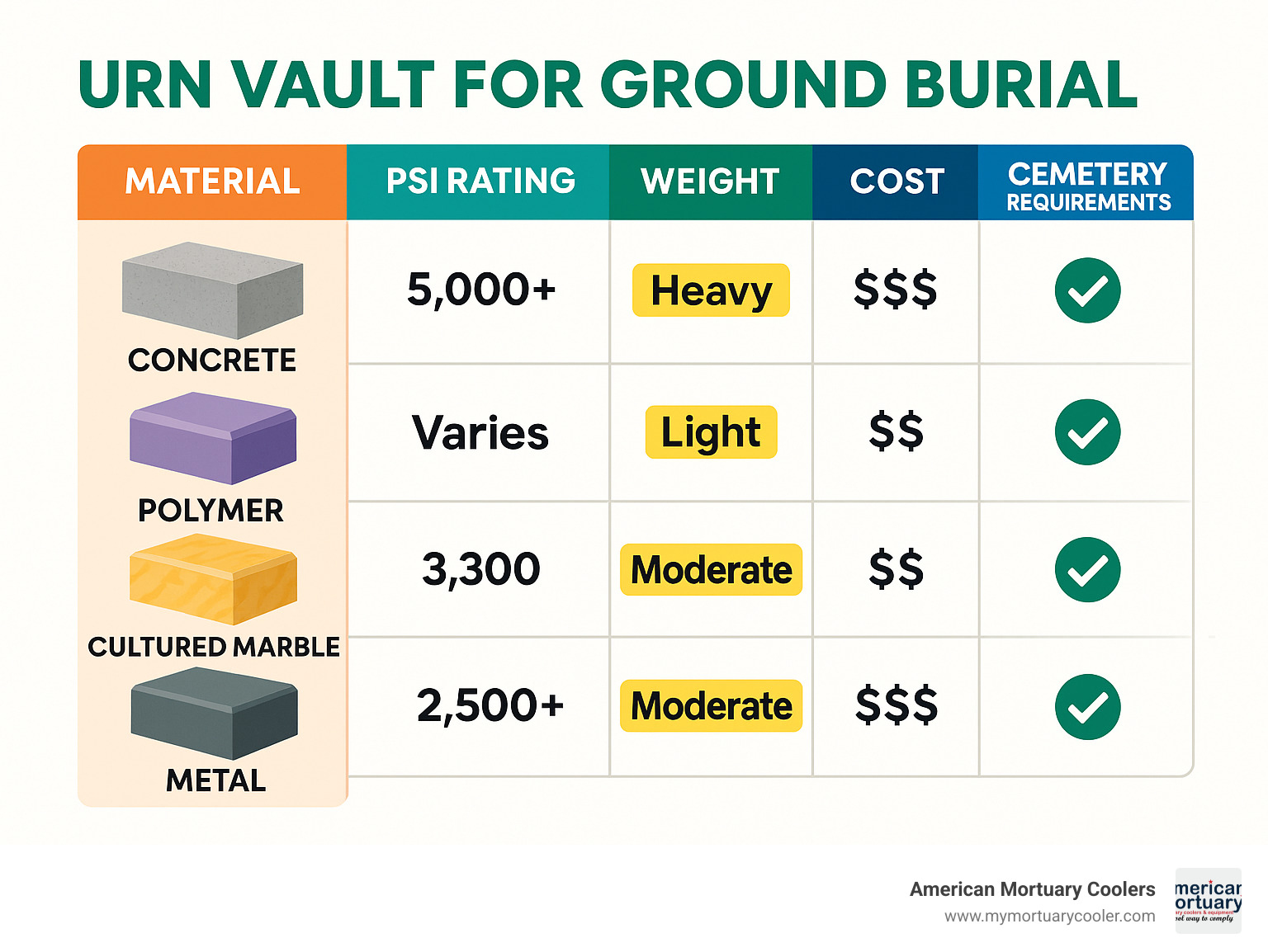 Detailed comparison chart showing different urn vault materials, their PSI ratings, weights, costs, and suitability for different cemetery requirements - urn vault for ground burial infographic 