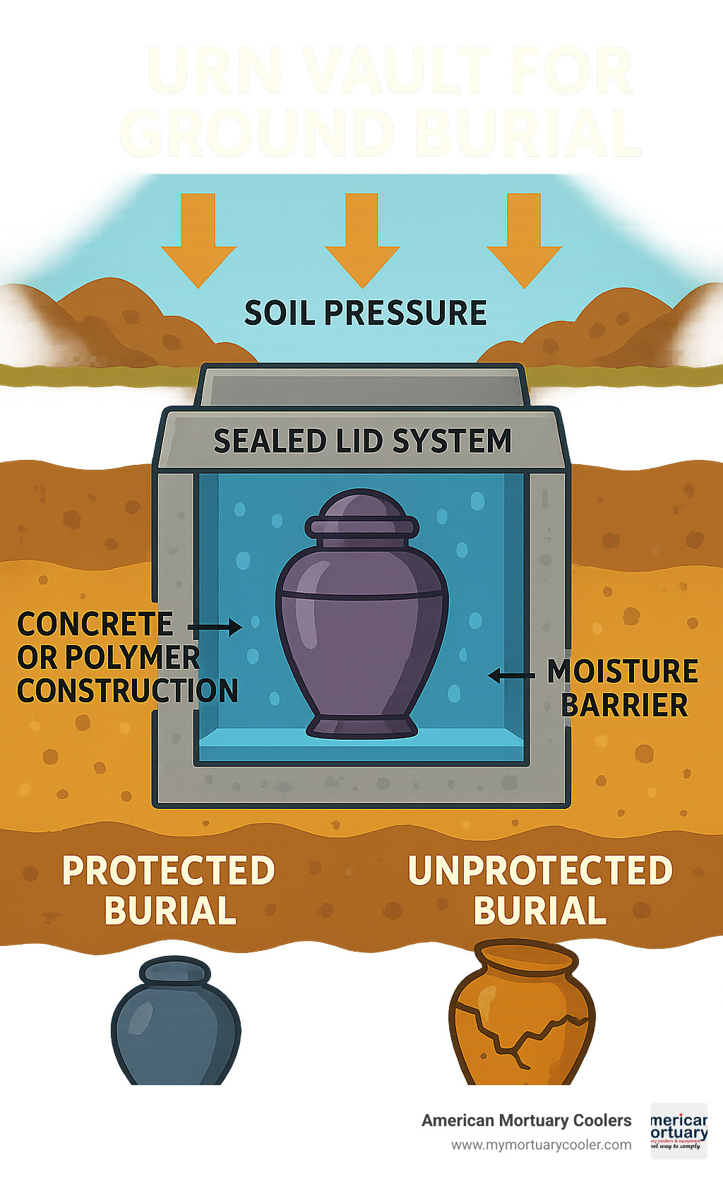 Comprehensive infographic showing cross-section of urn vault protecting cremation urn underground, with labeled components including soil pressure arrows, moisture barriers, concrete or polymer construction, sealed lid system, and comparison of protected vs unprotected burial outcomes - urn vault for ground burial infographic 