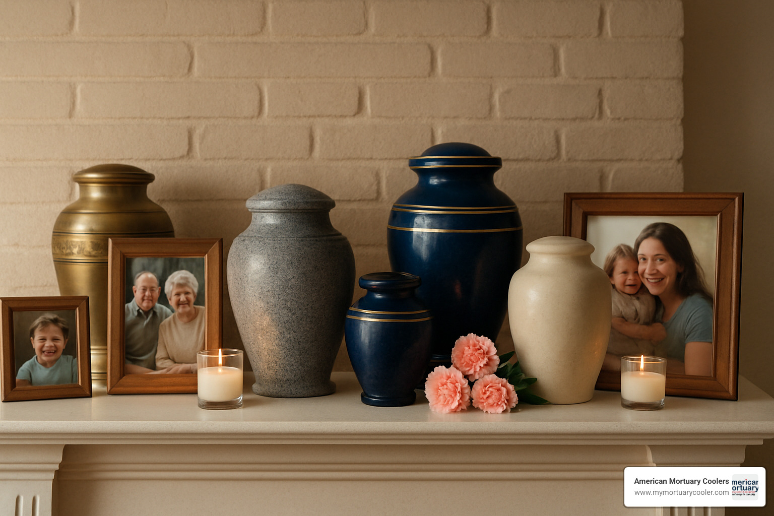 Beautiful mantle display showing various keepsake urns and memorial items - urns and keepsakes