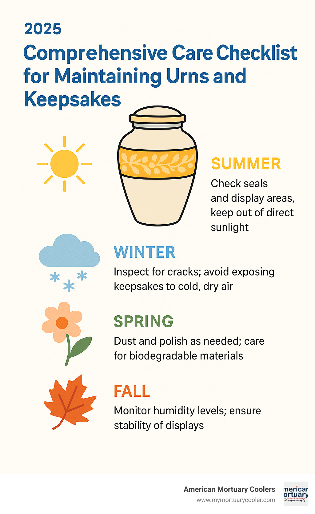Comprehensive care checklist for maintaining urns and keepsakes with seasonal reminders and material-specific tips - urns and keepsakes infographic 