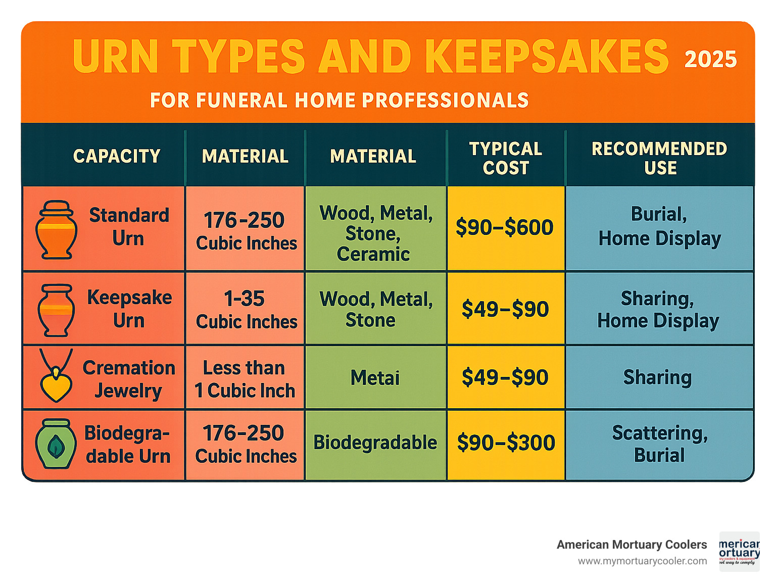 Comprehensive comparison chart showing different types of urns and keepsakes with their capacities, materials, typical costs, and recommended uses for funeral home professionals - urns and keepsakes infographic 
