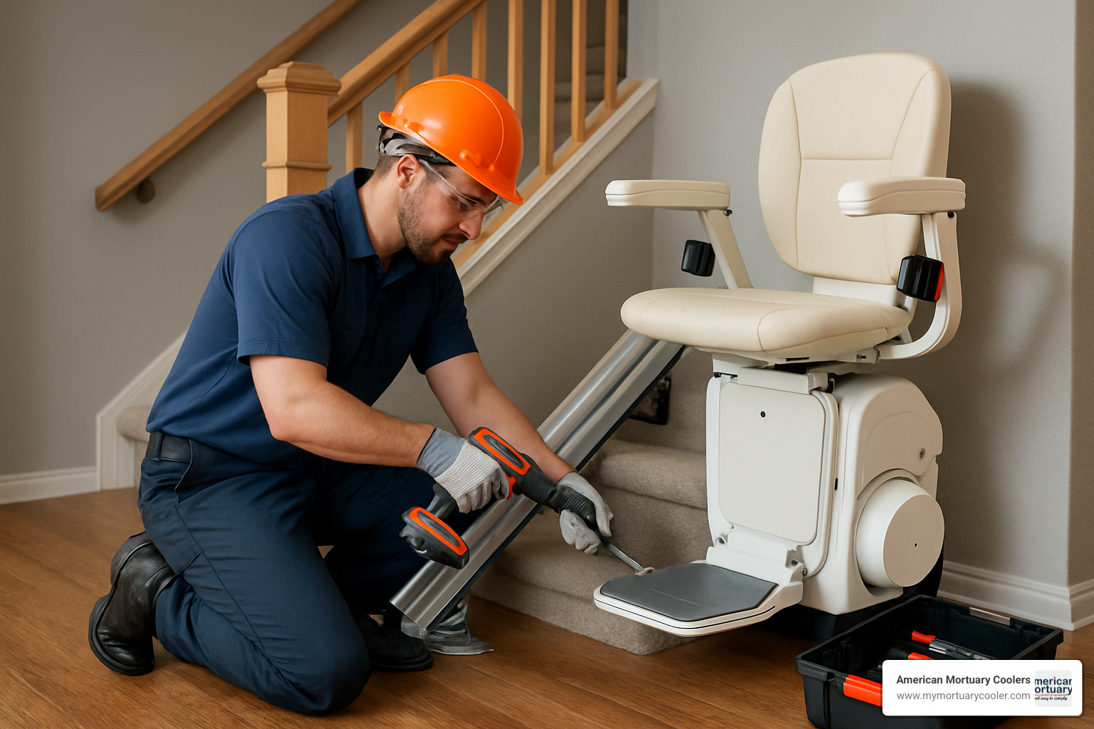 technician installing lift - electric staircase