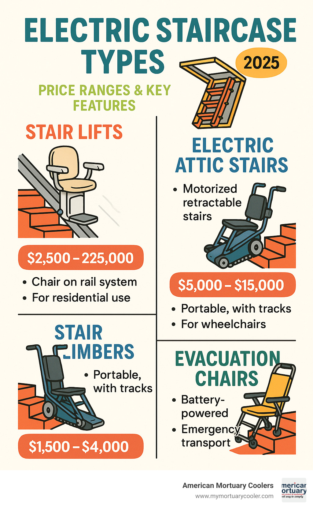 Comprehensive infographic showing electric staircase types including residential stair lifts with chairs on rails, retractable electric attic stairs, portable tracked stair climbers, and battery-powered evacuation chairs, with price ranges and key features for each type - electric staircase infographic 