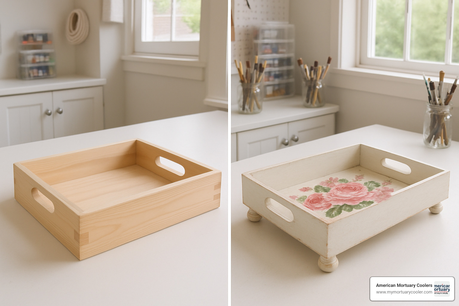 floral tray makeover showing before and after change - flower transfer