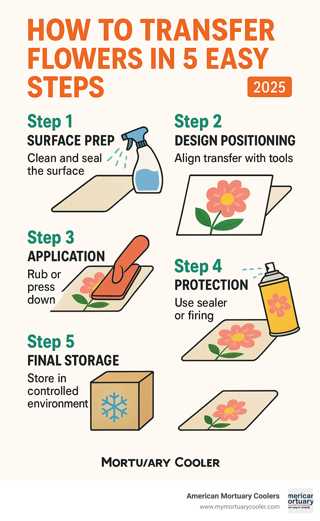 Infographic showing 5-step flower transfer process: surface preparation with cleaning and sealing, design positioning with alignment tools, application through rubbing or pressing technique, protection with appropriate sealer or firing, and final storage in controlled environment - flower transfer infographic 