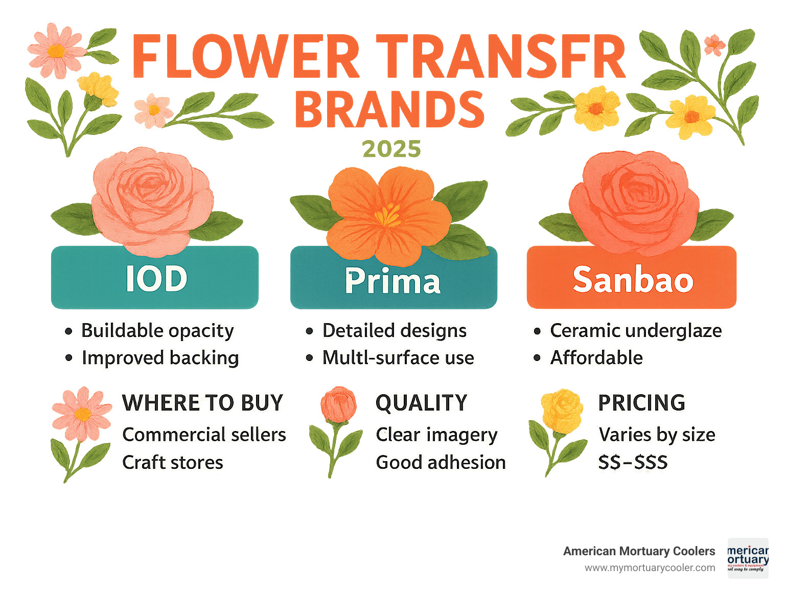 infographic comparing different flower transfer brands and their key features - flower transfer infographic 