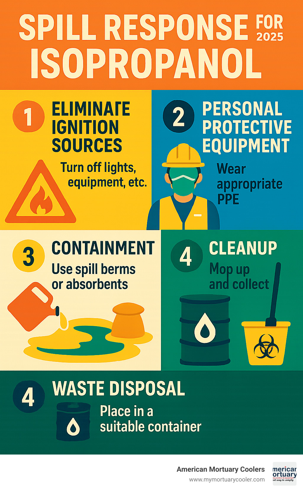 Detailed infographic showing step-by-step spill response for isopropanol including elimination of ignition sources, personal protective equipment requirements, containment methods, cleanup procedures, and waste disposal protocols - isopropanol safety data sheet infographic 