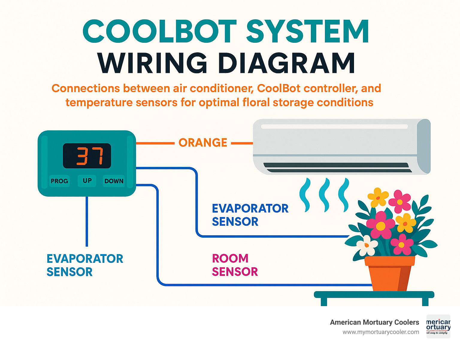 CoolBot system wiring diagram showing connections between air conditioner, CoolBot controller, and temperature sensors for optimal floral storage conditions - florist coolers infographic 
