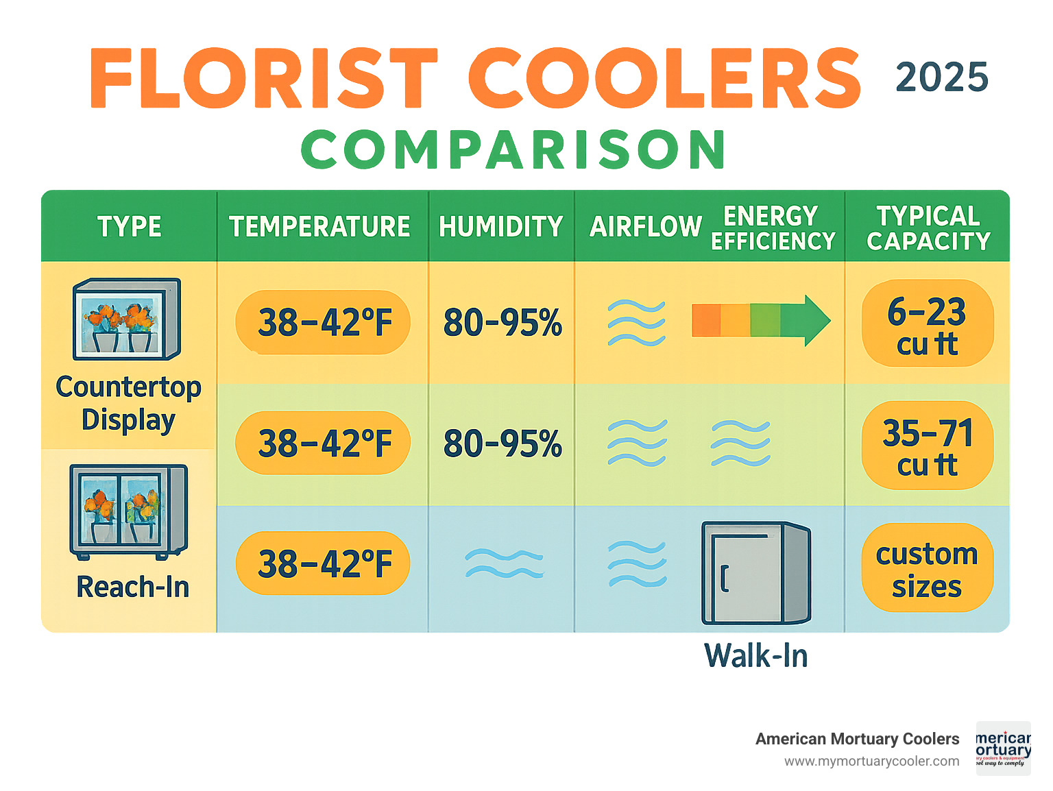 Comprehensive comparison chart showing temperature, humidity, and airflow requirements for different types of florist coolers including countertop displays, reach-in units, and walk-in systems, with energy efficiency ratings and typical capacity ranges - florist coolers infographic 