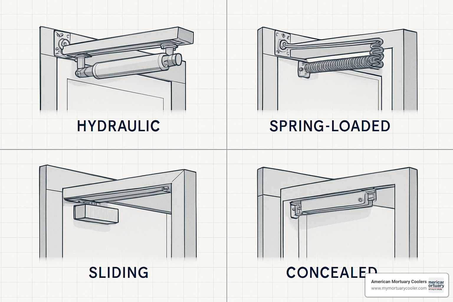 grid showing different types of cooler door closers including hydraulic, spring-loaded, sliding, and concealed models - cooler door closer
