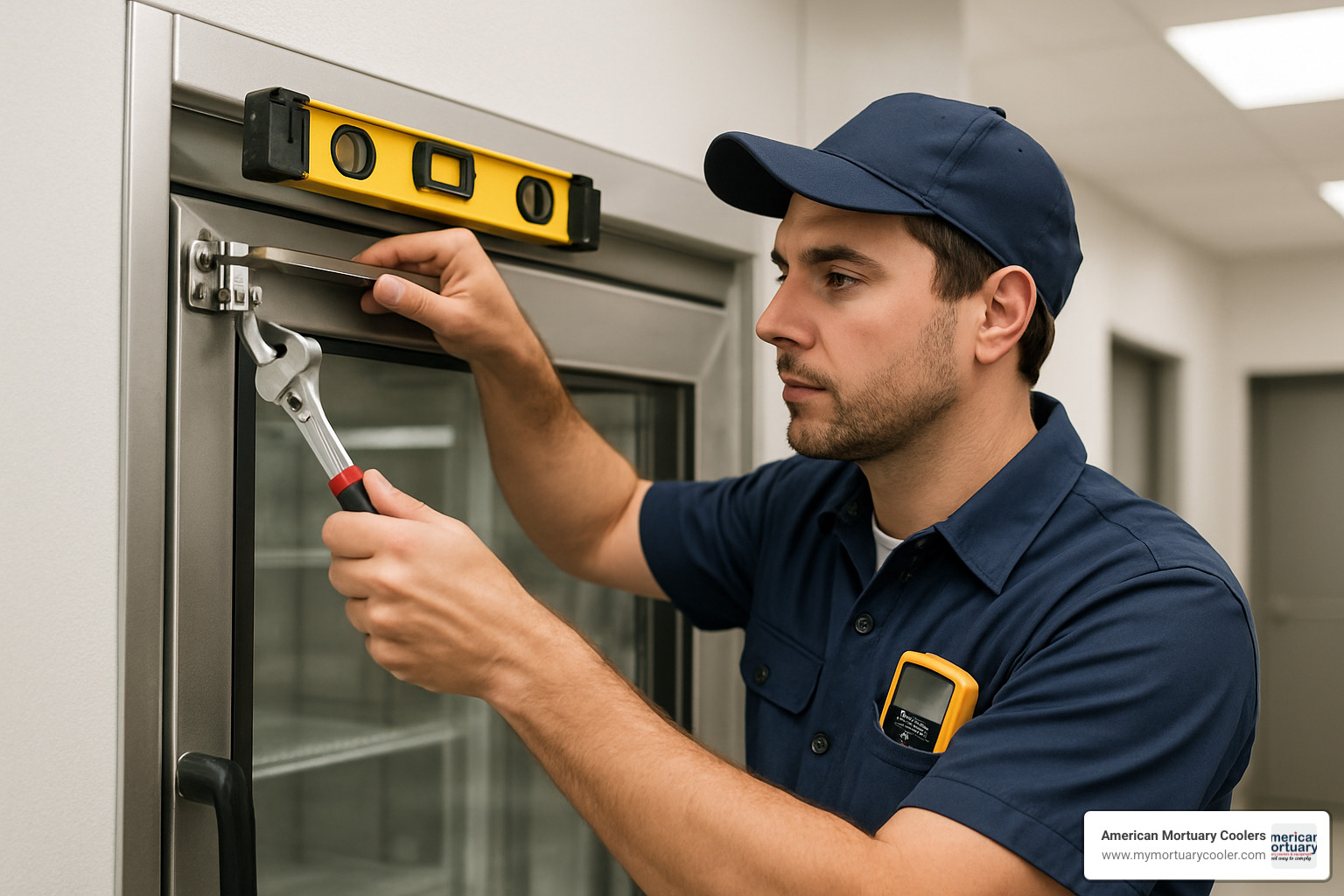 technician adjusting cooler door closer with tools and measuring equipment - cooler door closer