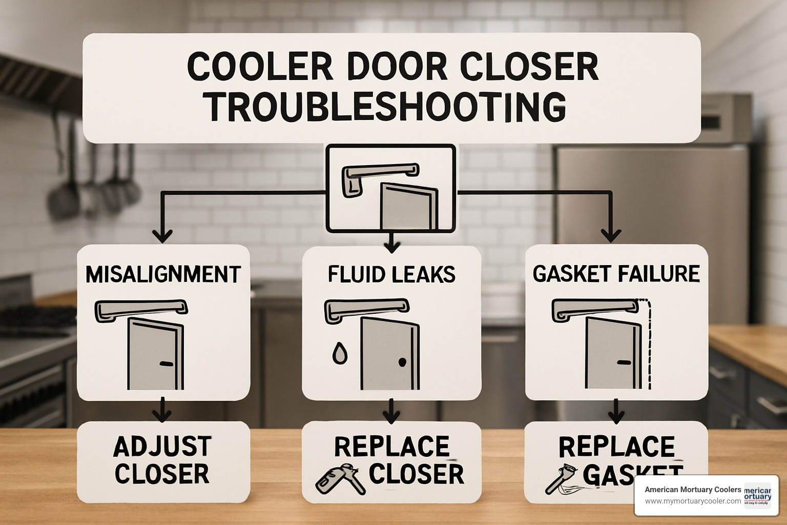 troubleshooting flowchart showing common door closer problems and solutions - cooler door closer