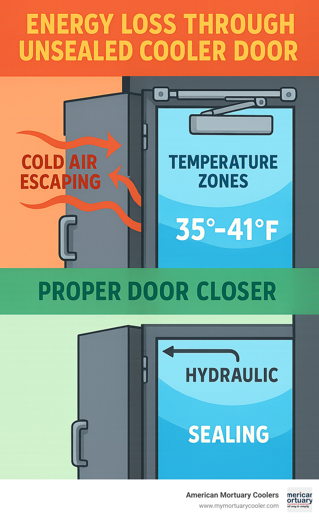 Detailed infographic showing energy loss through unsealed cooler door, temperature zones, and proper door closer mechanism with hydraulic components and sealing process - cooler door closer infographic 