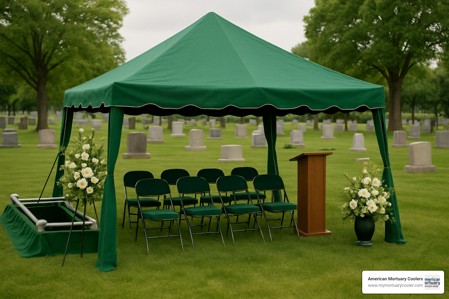 Professional graveside tent setup with chairs and equipment for funeral service - holland supply