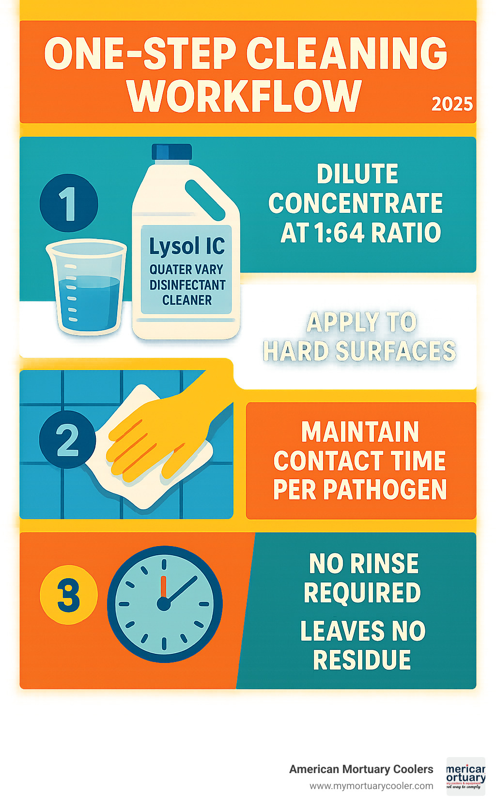 Infographic showing lysol ic quaternary disinfectant cleaner one-step cleaning workflow: dilute concentrate at 1:64 ratio, apply to hard surfaces, maintain contact time per pathogen, no rinse required, leaves no residue - lysol ic quaternary disinfectant cleaner infographic