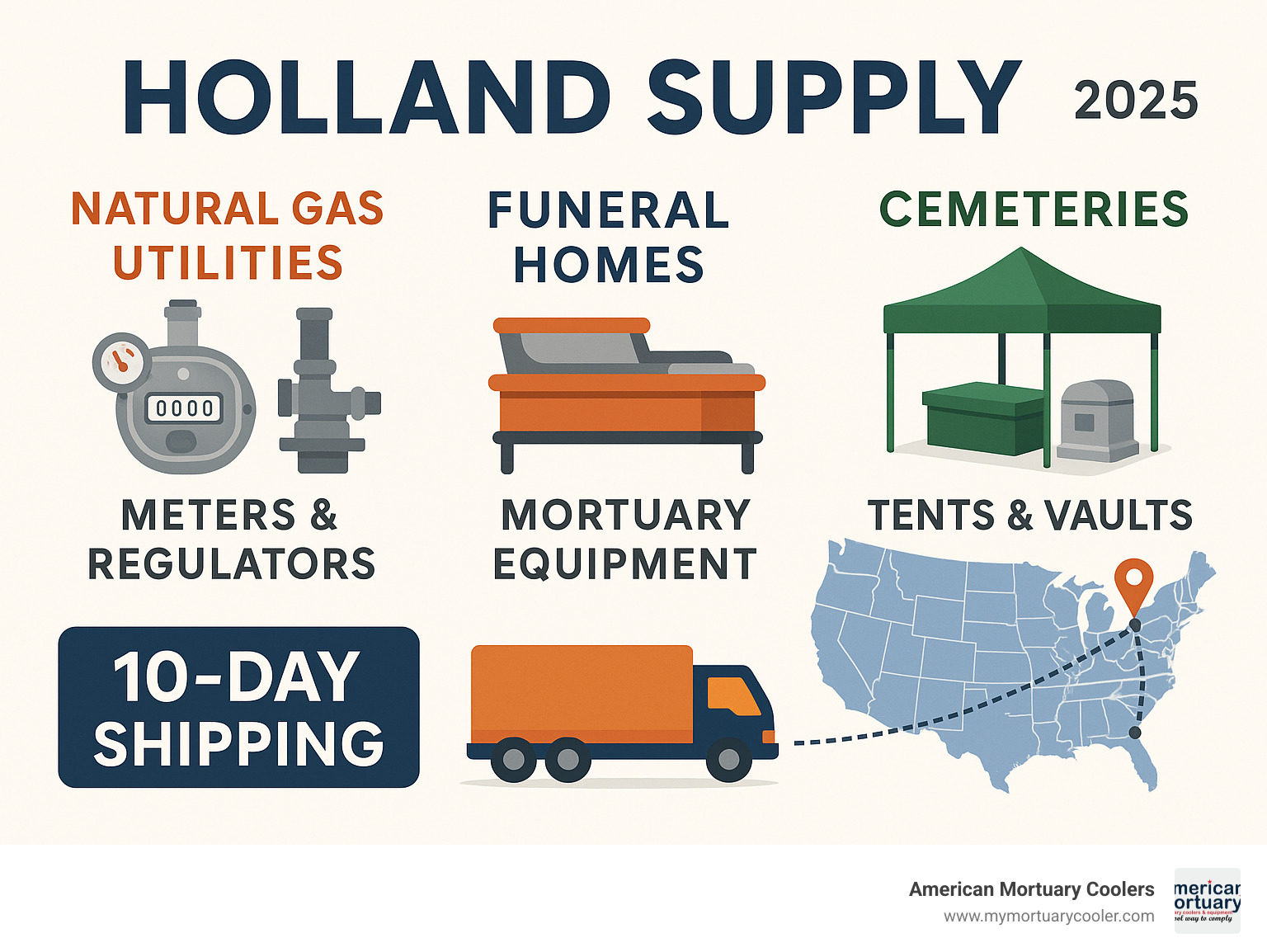 Summary infographic showing Holland Supply's product lines mapped to service industries: natural gas utilities receiving meters and regulators, funeral homes getting mortuary equipment, cemeteries sourcing tents and vaults, with delivery trucks showing 10-day shipping guarantee from Ohio hub to multiple regions - holland supply infographic 