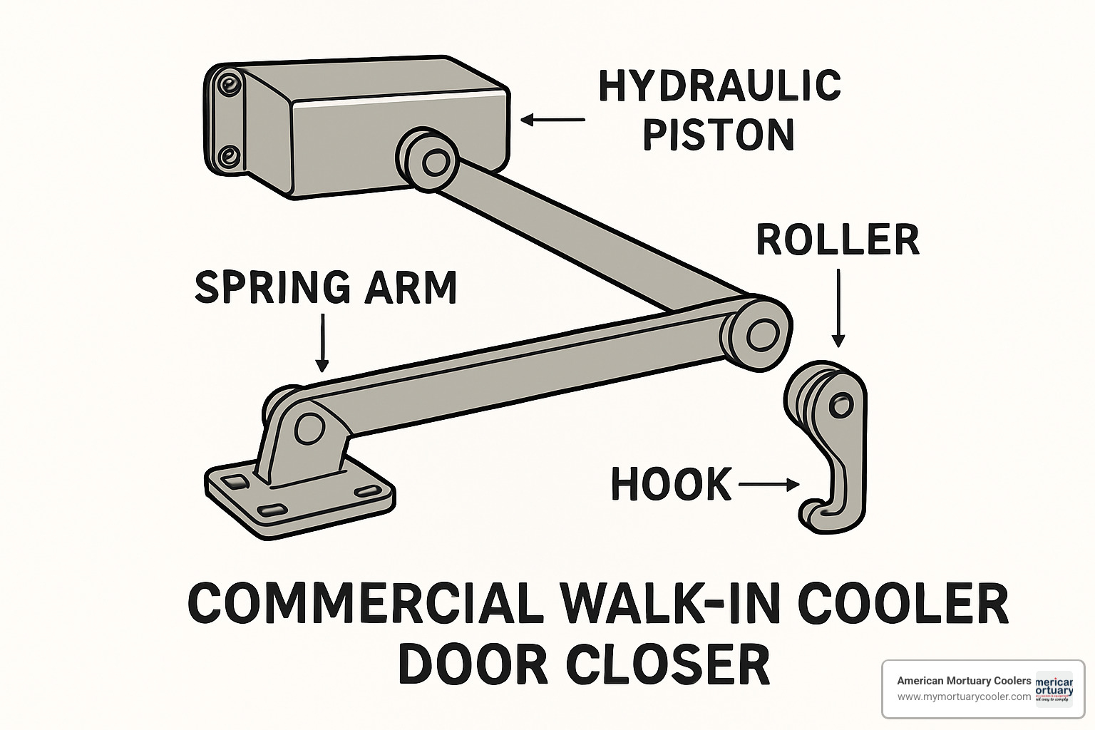 exploded view of cooler door closer showing hydraulic piston, spring arm, roller and hook components - cooler door closer