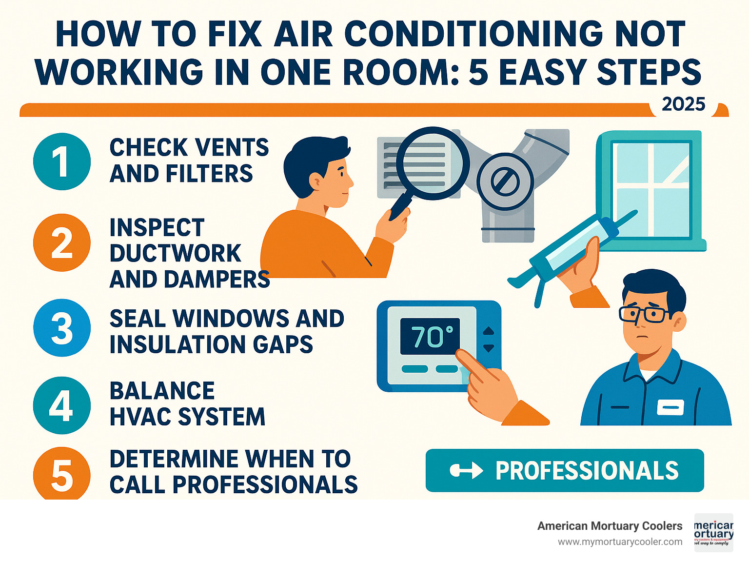 Step-by-step troubleshooting guide for fixing air conditioning not working in one room, showing 5 main steps: check vents and filters, inspect ductwork and dampers, seal windows and insulation gaps, balance HVAC system, and determine when to call professionals - air conditioning not working in one room infographic 