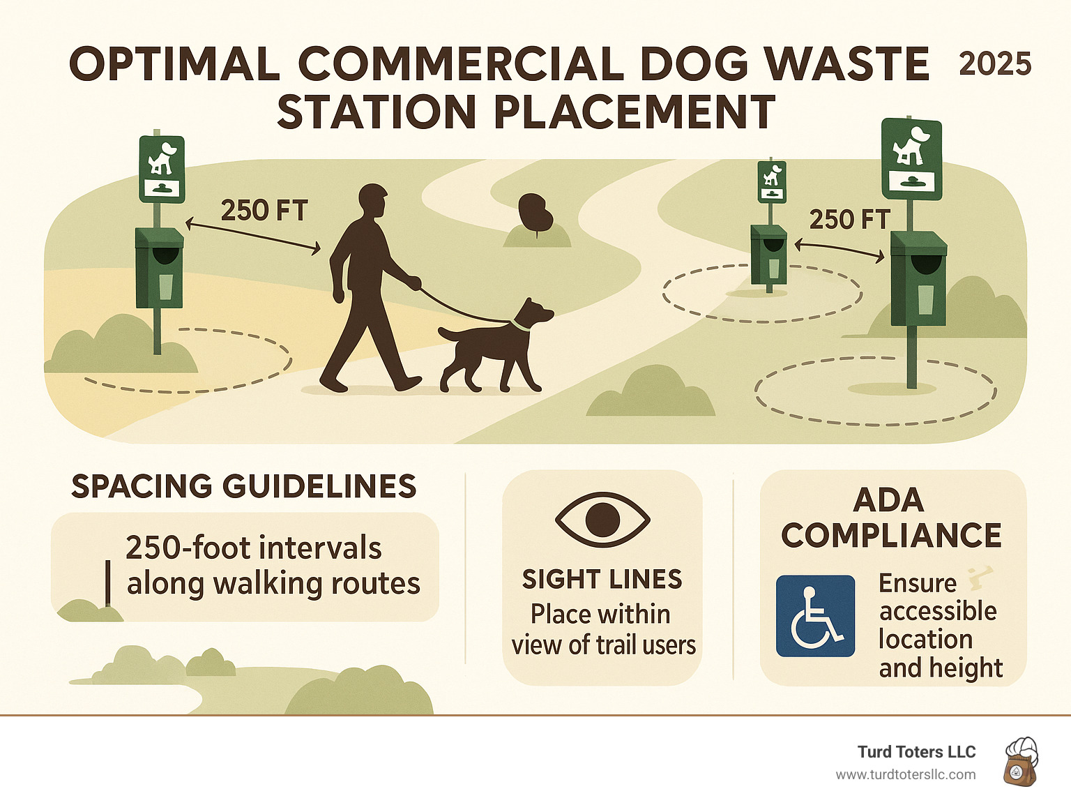 Infographic showing optimal commercial dog waste station placement with 250-foot spacing guidelines, sight line considerations, and ADA compliance requirements - commercial dog waste station infographic 