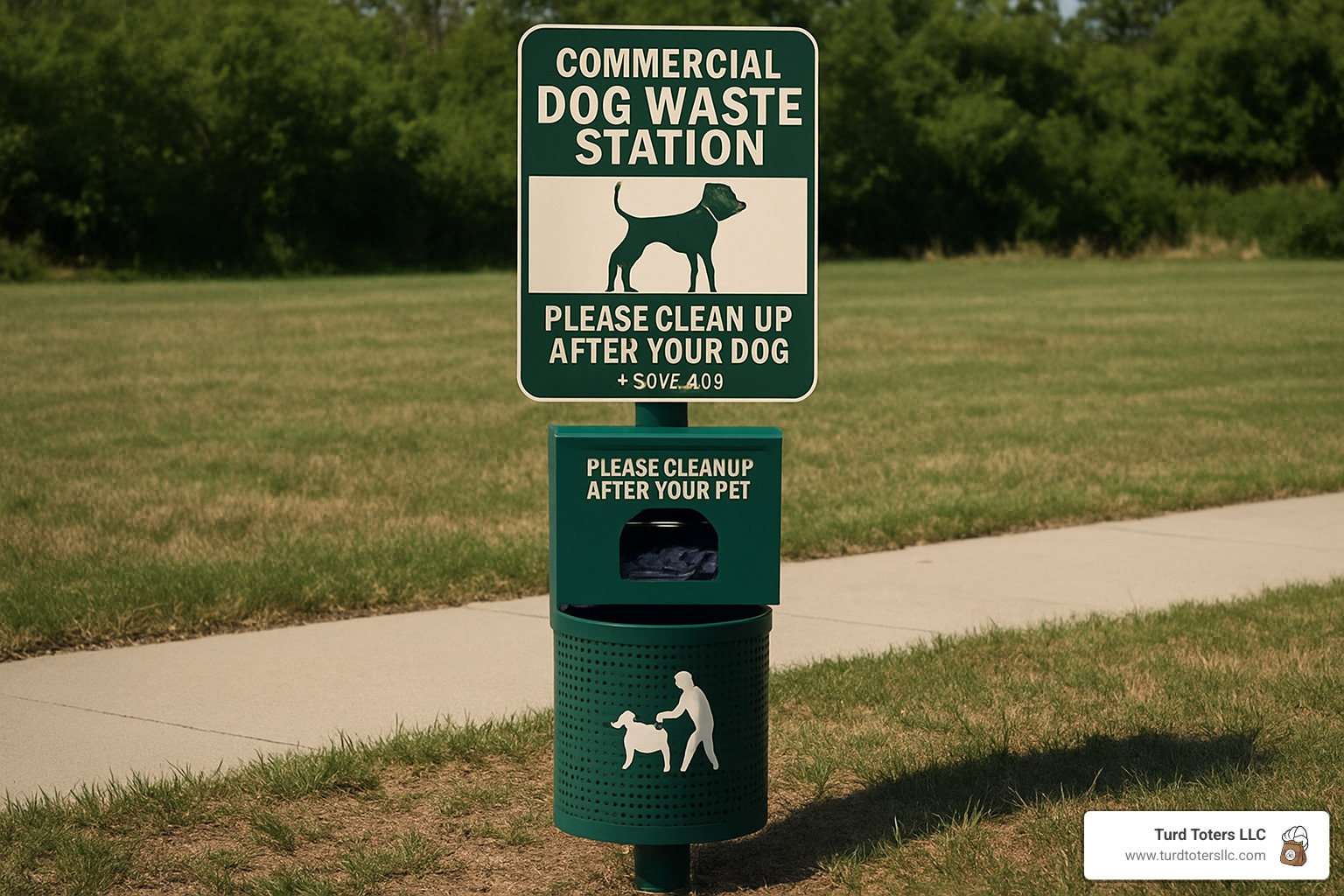 Exploded diagram showing individual components of a commercial dog waste station including aluminum housing, bag dispenser mechanism, steel receptacle, mounting post, and signage panel - commercial dog waste station