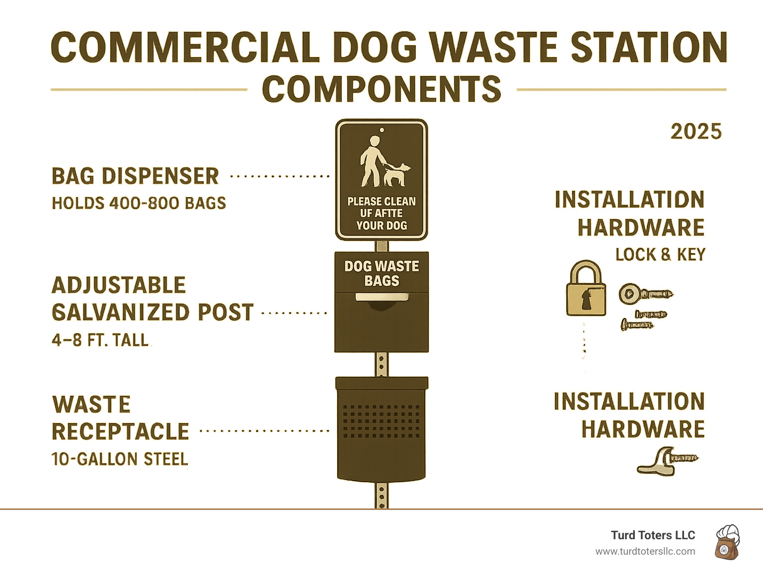Infographic showing commercial dog waste station components including bag dispenser holding 400-800 bags, 10-gallon steel receptacle, adjustable galvanized post 4-8 feet tall, weather-resistant signage, and installation hardware with locks and keys - commercial dog waste station infographic 