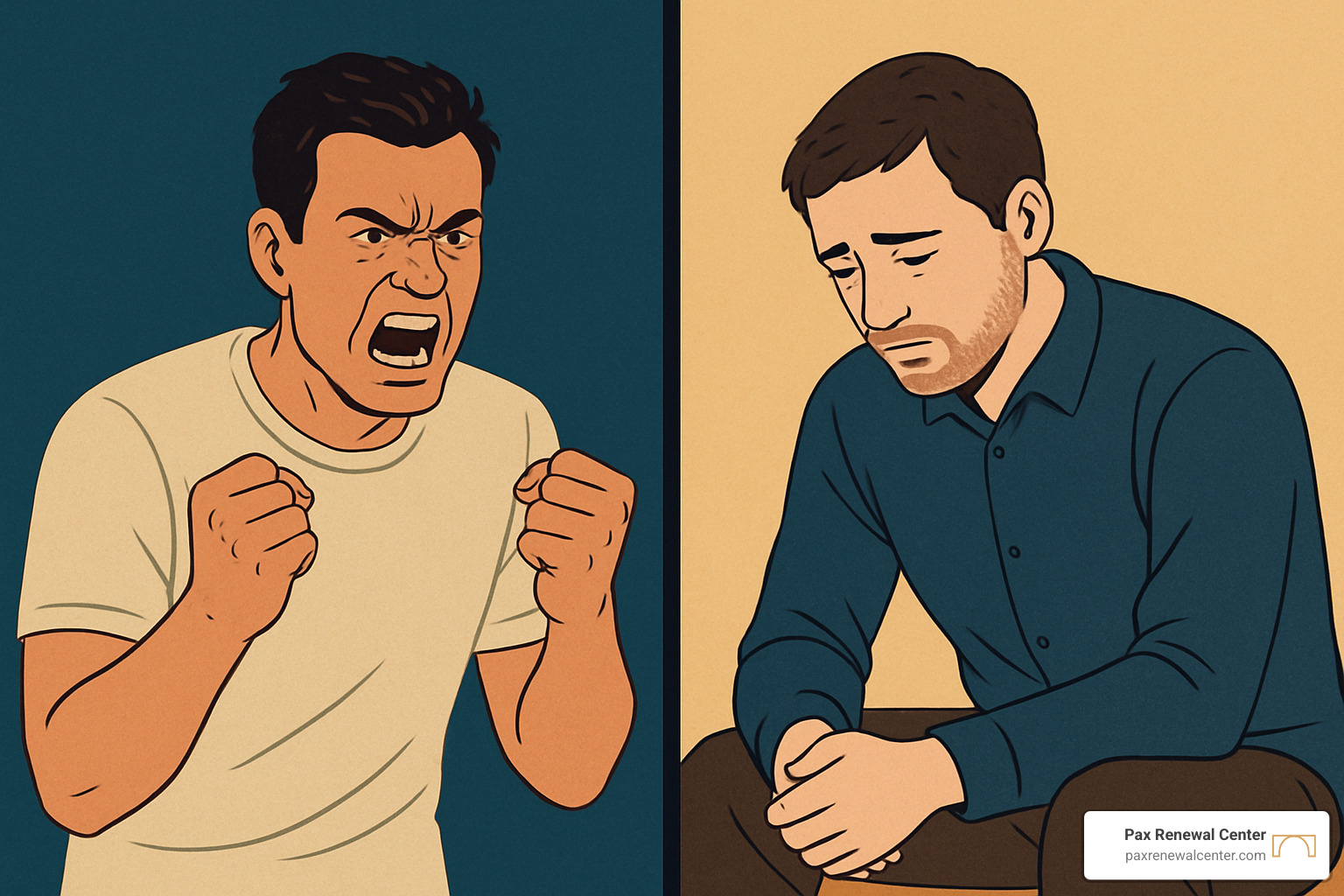 comparison of how depression manifests differently - showing anger and irritability in men versus sadness and withdrawal more commonly recognized - men's mental health