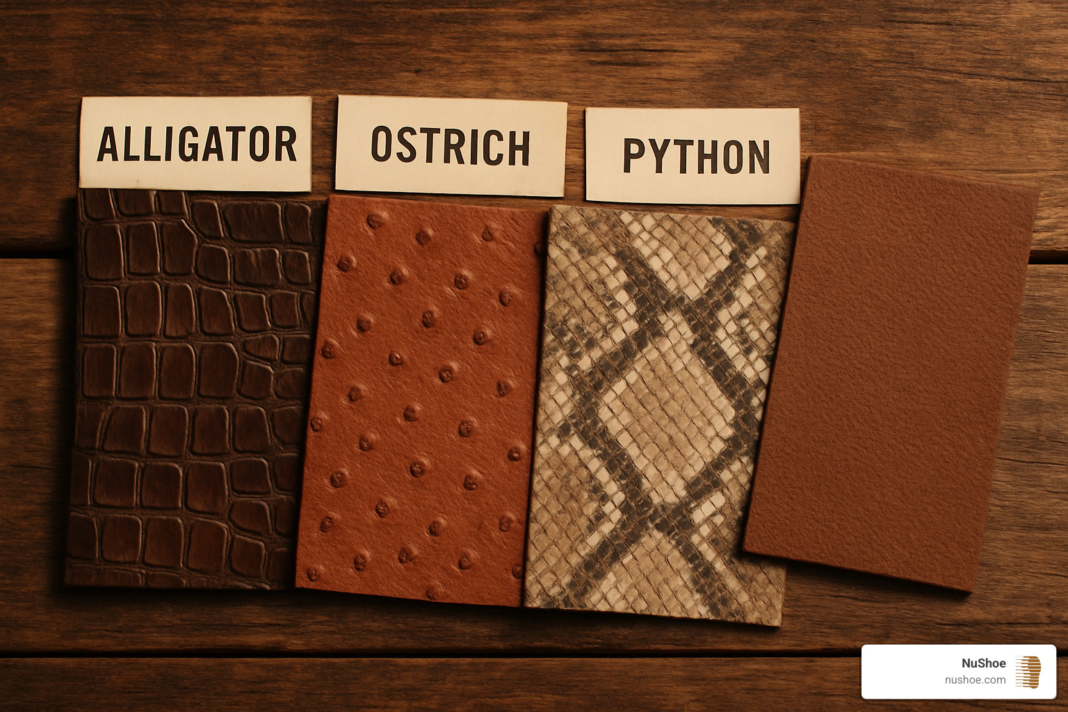 Showcase of exotic leather boot samples including alligator, ostrich, python, and kangaroo textures arranged on a rustic wooden surface - custom fit western boots