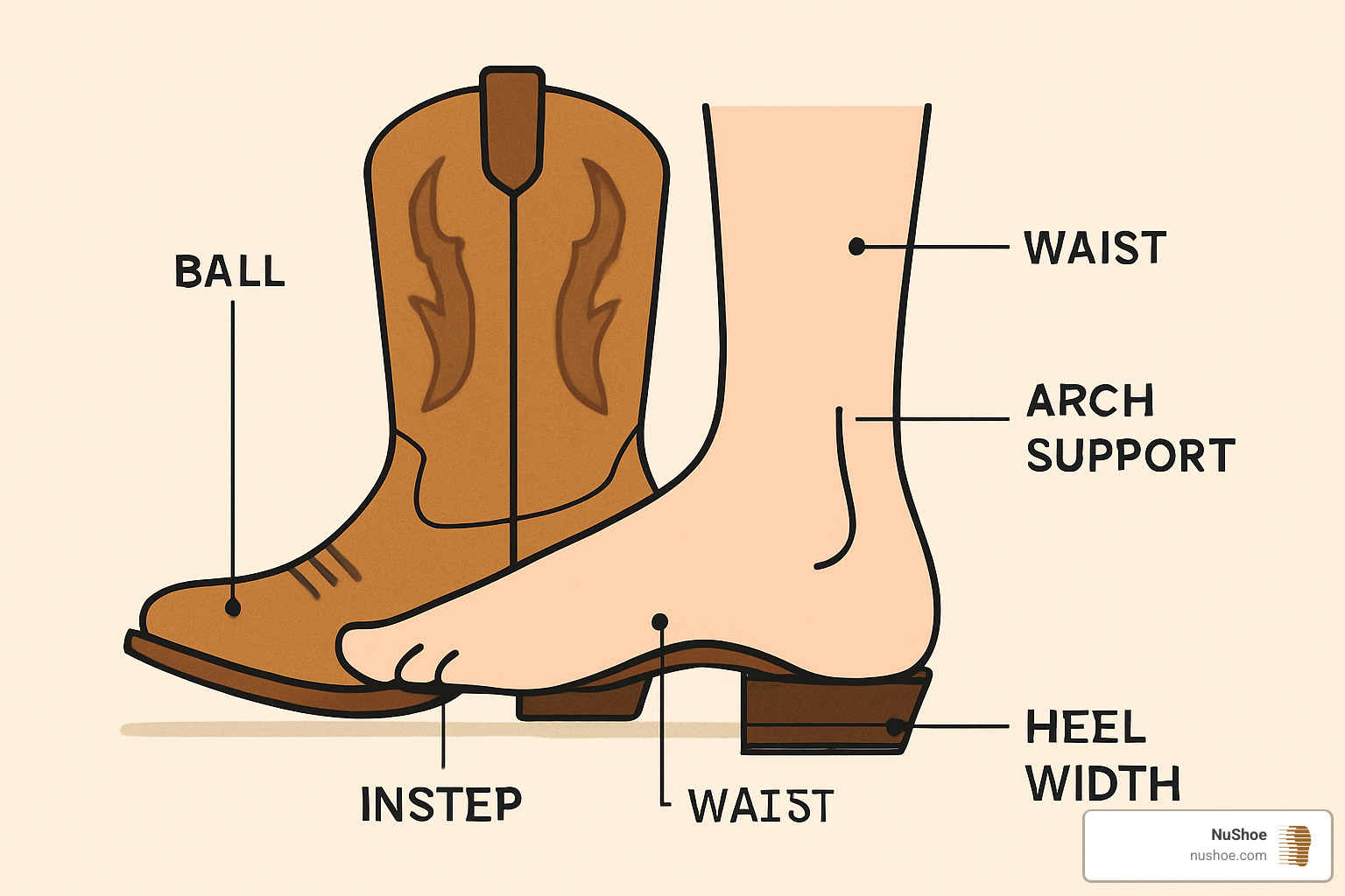 Diagram showing proper cowboy boot fit with labeled foot anatomy points including ball, instep, waist, heel width, and arch support areas - custom fit western boots