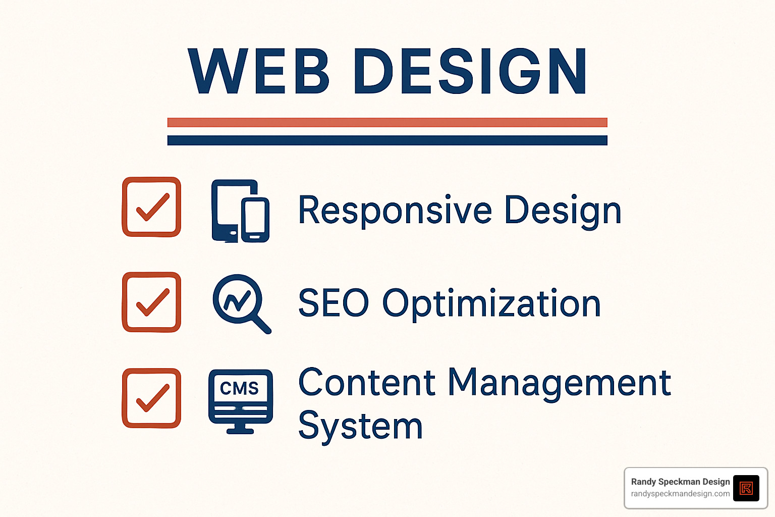 web design service checklist showing must-have features like responsive design, SEO optimization, and content management systems - affordable web designer near me