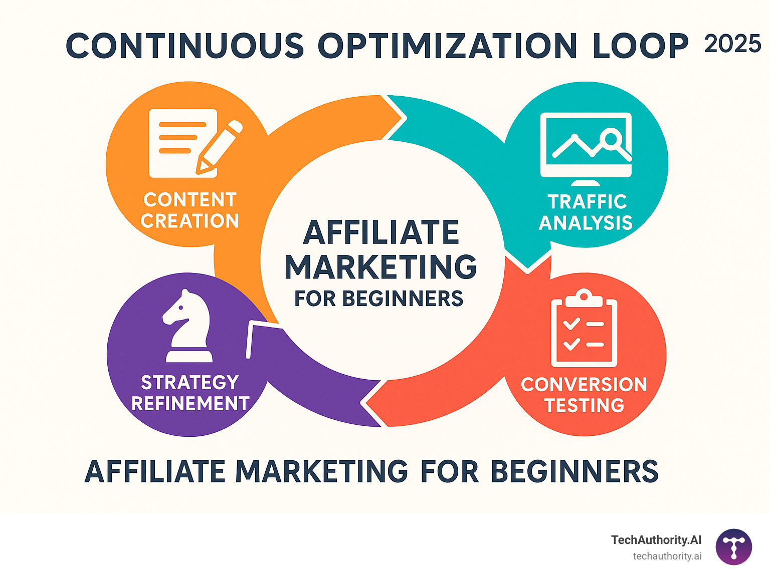Continuous optimization loop showing content creation, traffic analysis, conversion testing, and strategy refinement - affiliate marketing for beginners infographic 
