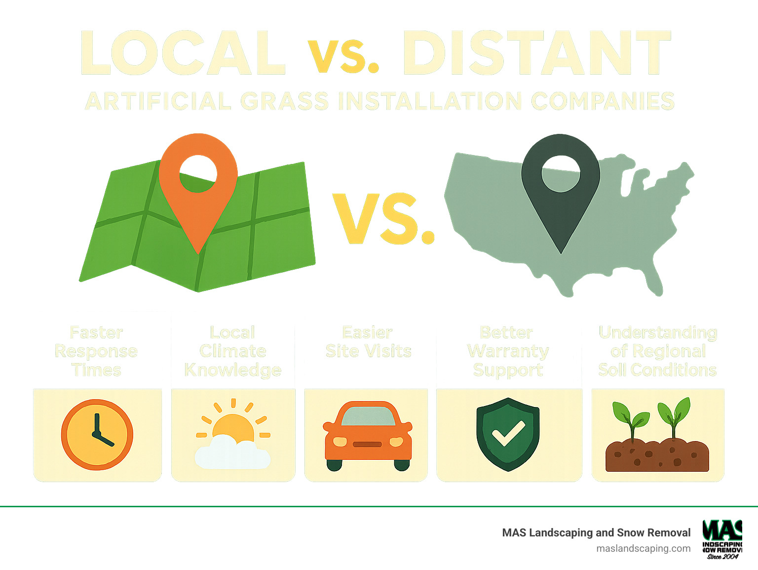 Infographic showing comparison between local vs distant artificial grass installation companies, highlighting benefits like faster response times, local climate knowledge, easier site visits, better warranty support, and understanding of regional soil conditions - artificial grass installation companies very close to my area infographic