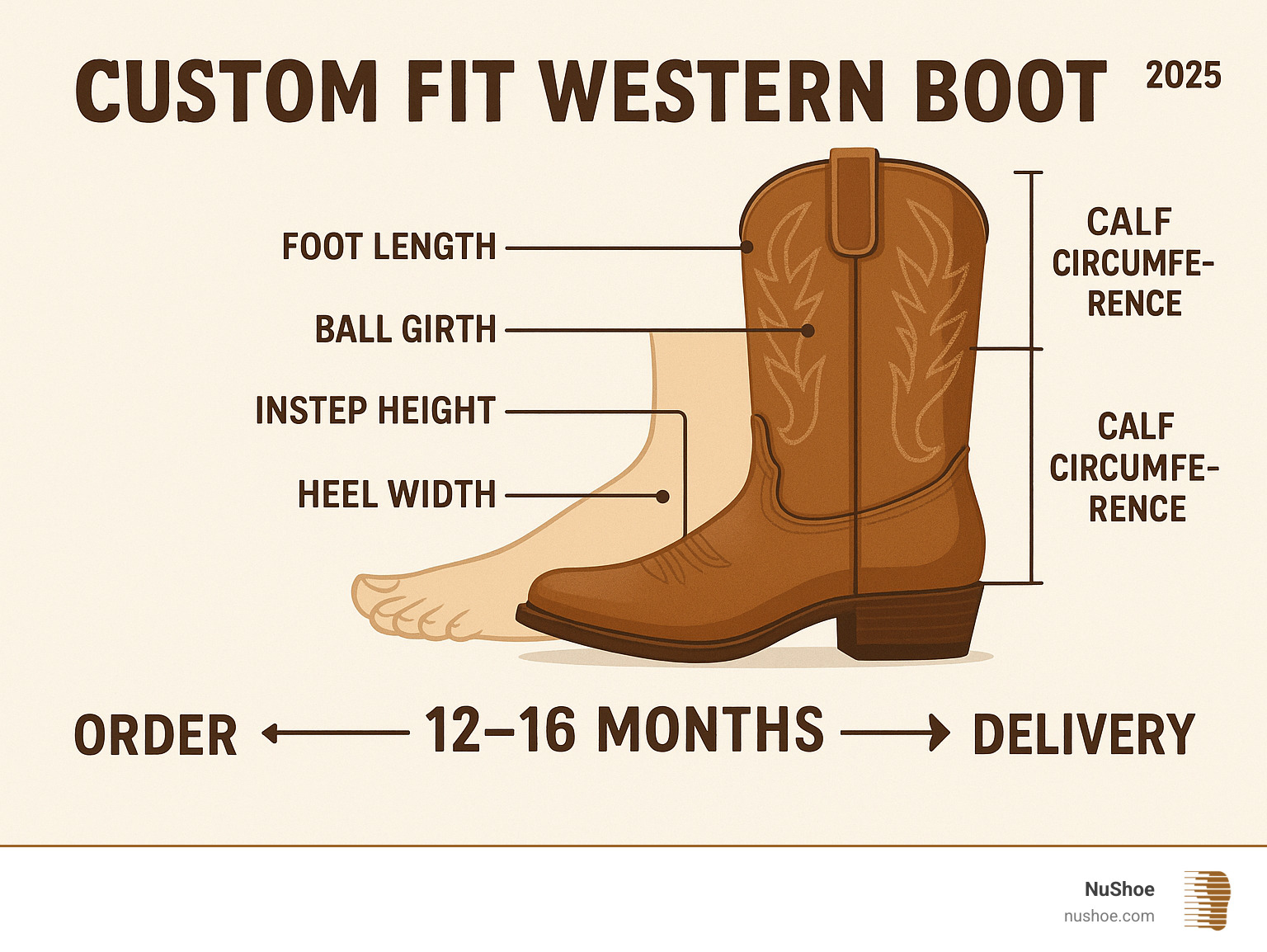 Infographic showing custom western boot fitting process with measurement points including foot length, ball girth, instep height, heel width, calf circumference, and typical 12-16 month timeline from order to delivery - custom fit western boots infographic 
