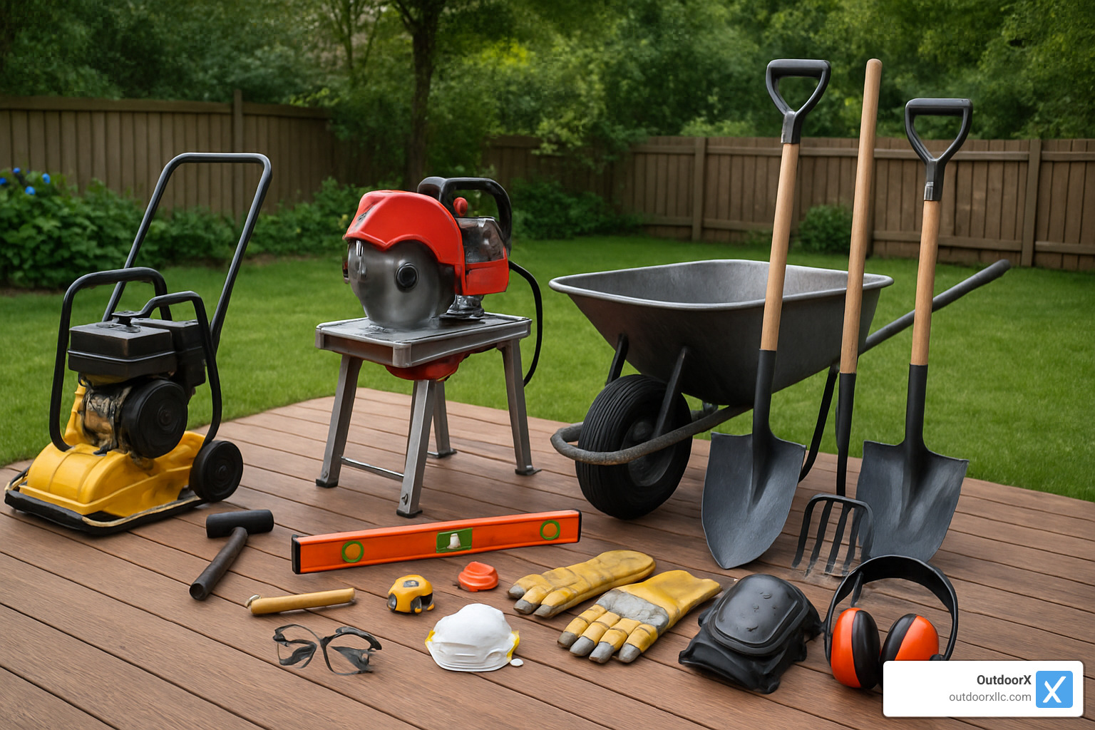 essential bluestone installation tools laid out - bluestone walkway installation