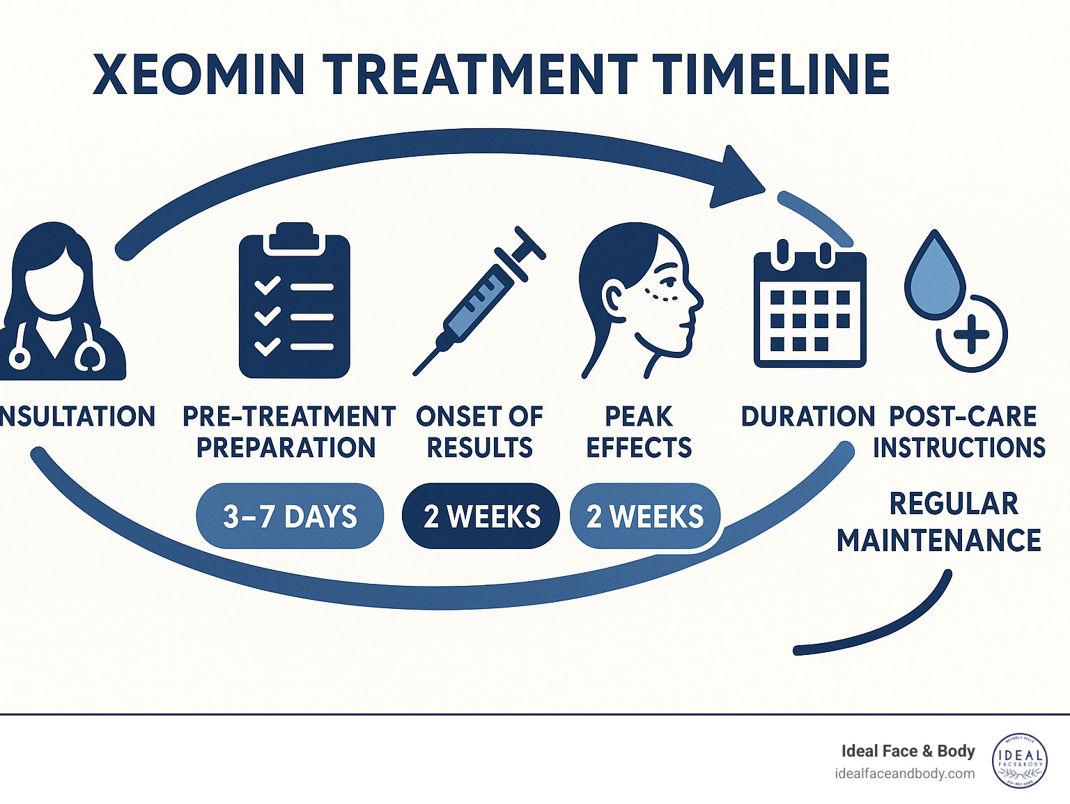 Infographic showing Xeomin treatment timeline from consultation through 6-month maintenance, including onset of results at 3-7 days, peak effects at 2 weeks, and duration of 3-6 months with pre-treatment preparation and post-care instructions - xeomin before and after infographic 