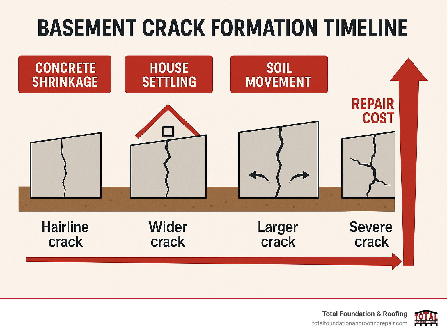 Infographic showing basement crack formation timeline from initial concrete shrinkage through house settling phases, soil movement effects, and escalating repair costs over time - basement crack repair infographic Infographic showing basement crack formation timeline from initial concrete shrinkage through house settling phases, soil movement effects, and escalating repair costs over time - basement crack repair infographic