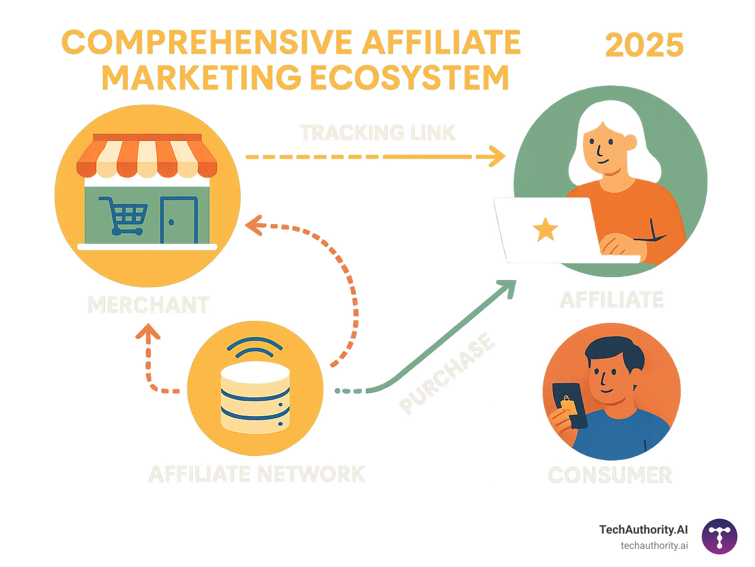 Comprehensive affiliate marketing ecosystem showing the relationship between merchants, affiliates, consumers, and affiliate networks with commission flow and tracking mechanisms - affiliate marketing for beginners infographic 