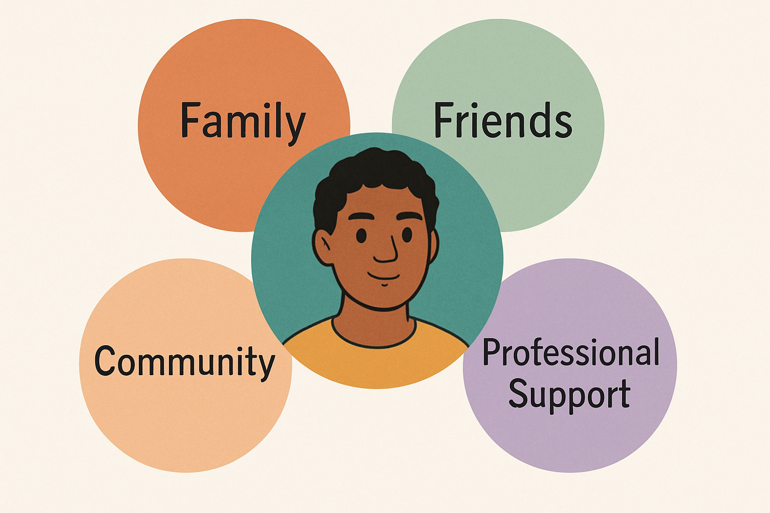 support circle showing family, friends, community, and professional support surrounding an individual - emotional health