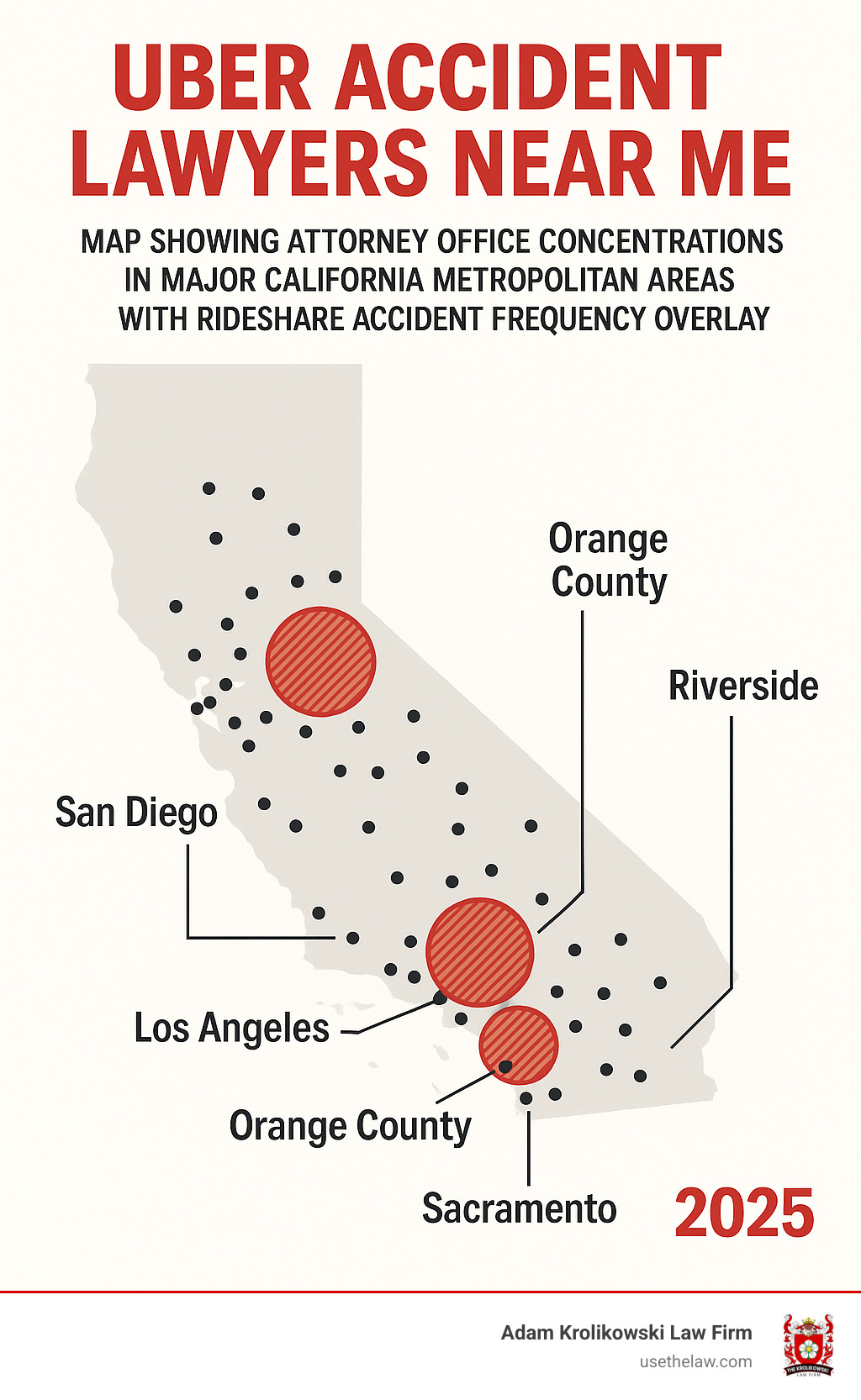 Map showing attorney office concentrations in major California metropolitan areas with rideshare accident frequency overlays - uber accident lawyers near me infographic 