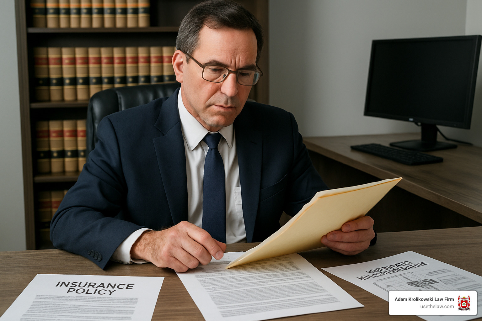 Experienced rideshare accident attorney reviewing case files with insurance policy documents and accident reconstruction reports - uber accident lawyers near me