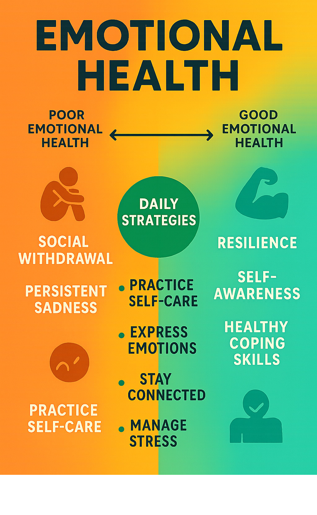 Infographic showing the emotional health spectrum from poor emotional health indicators like social withdrawal and persistent sadness on one end, to good emotional health signs like resilience, self-awareness, and healthy coping skills on the other end, with practical daily strategies in the middle - emotional health infographic 