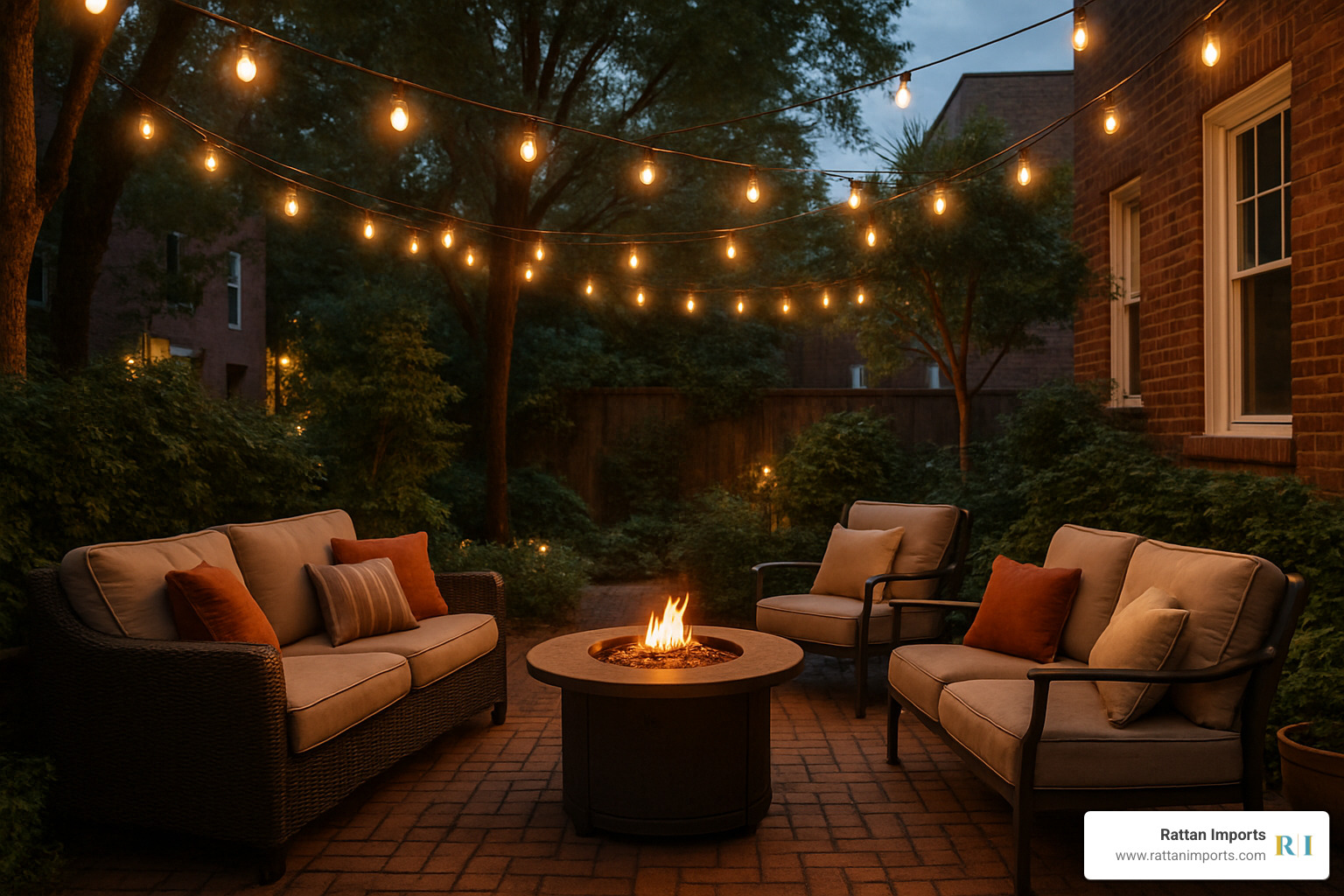 Cozy evening patio with string lights and comfortable seating - atlanta patio restaurants