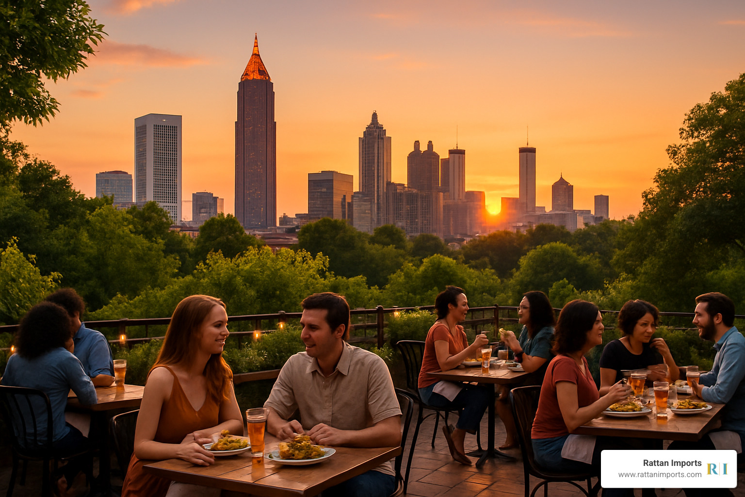 Scenic patio overlooking Atlanta skyline at sunset - atlanta patio restaurants